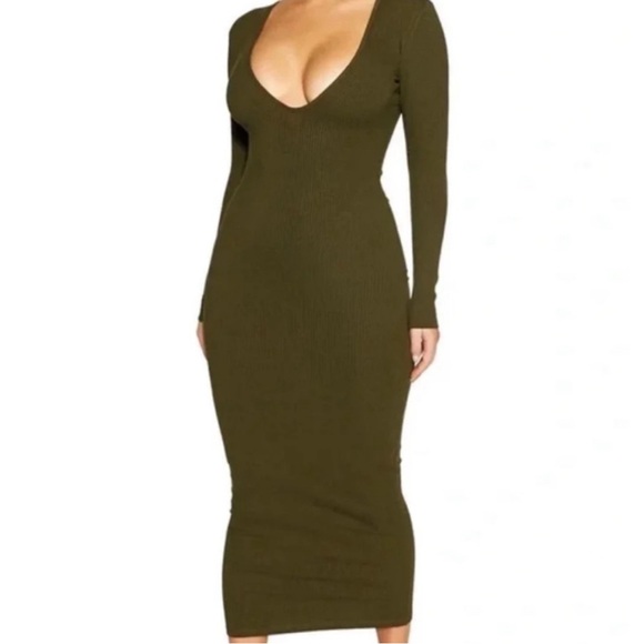 NWT Olive Green So Very Snatched Midi Maxi NAKED WARDROBE BodyCon Dress S - Picture 1 of 7